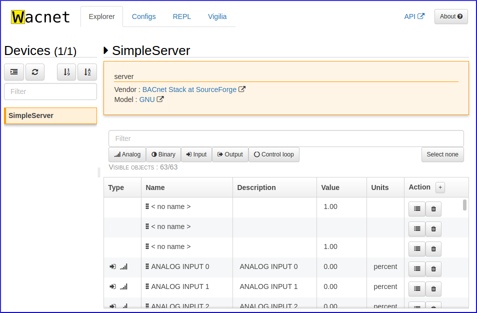 Wacnet BACnet Explorer showing discovered devices and their properties